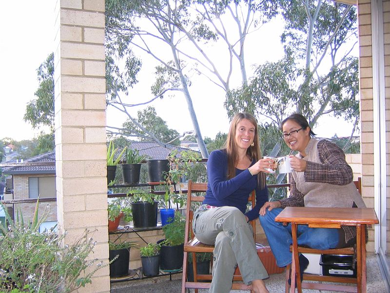 IMG_4054 Chem and I, reunited after 7 years, enjoy tea on her balcony.