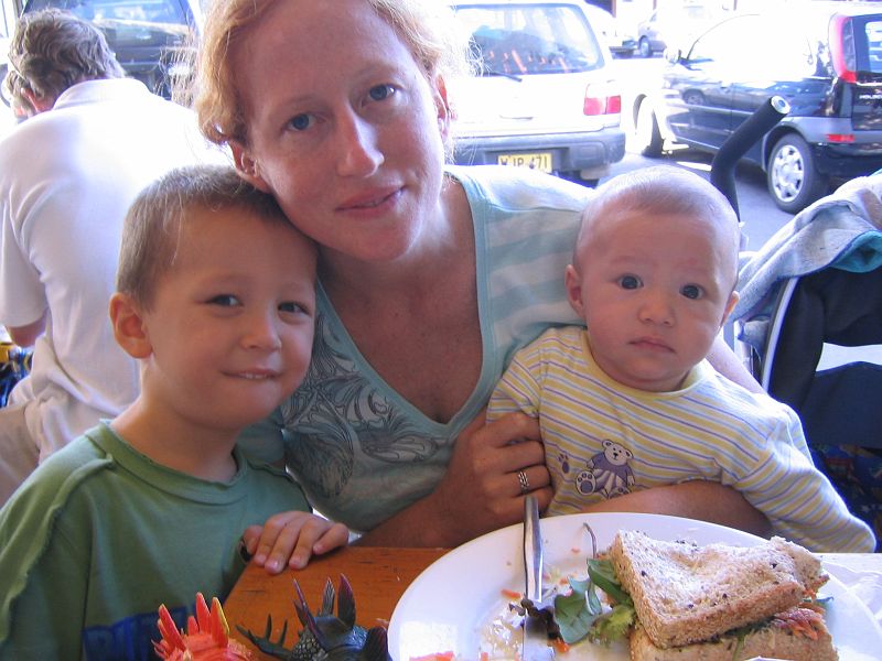 IMG_4297 Rachael, Aiden and Kai enjoying giant sarnies at a cafe in Byron Bay.